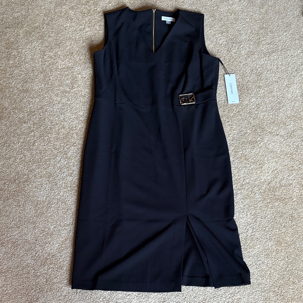 Calvin Klein Elegant Black Midi Dress with Gold Detail size 14 logo NWT